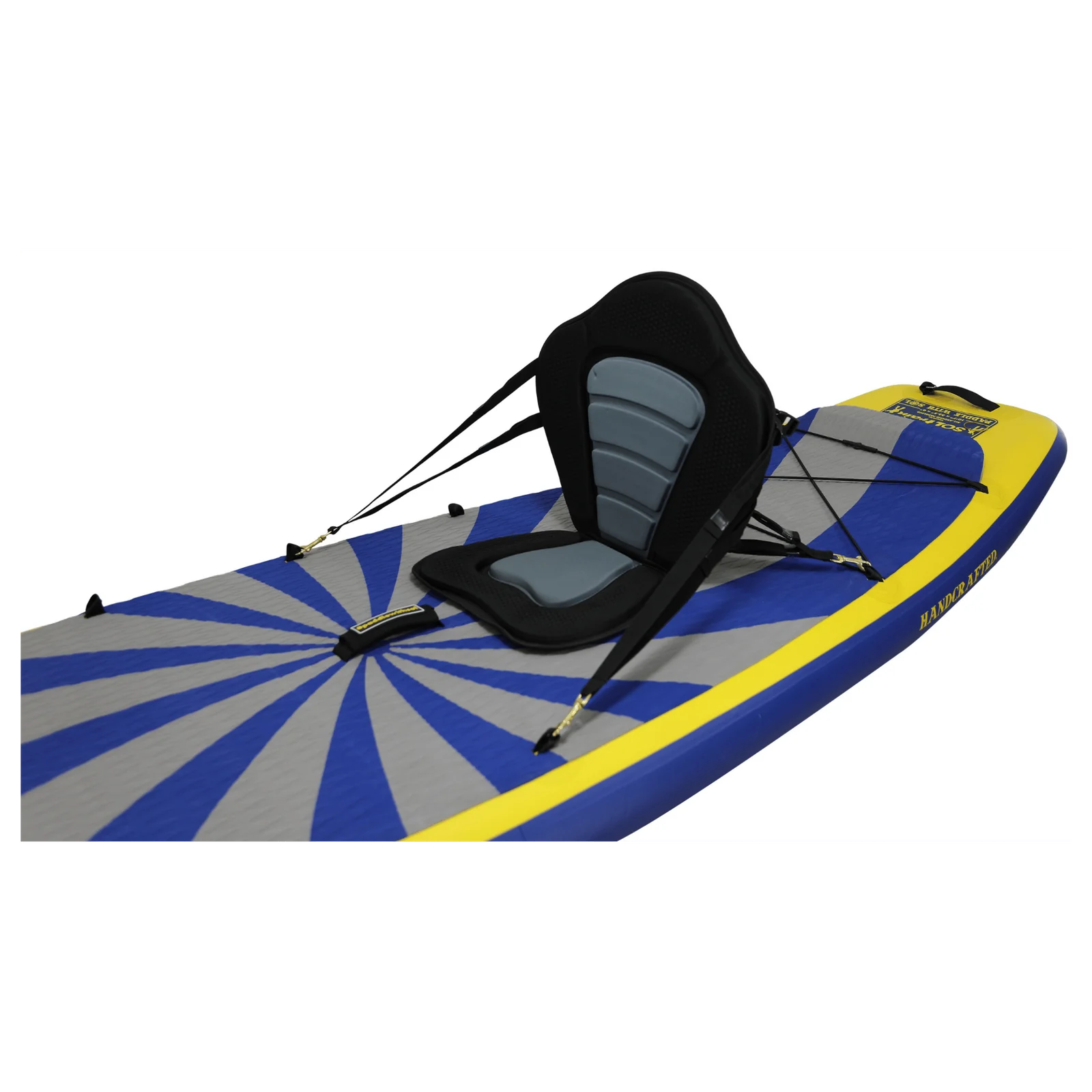 A close-up of a blue and yellow inflatable paddleboard with a gray sunburst pattern, equipped with the SOL SUP / Kayak Seat by SOL Paddle Boards, featuring a padded seat and adjustable straps for enhanced back support.