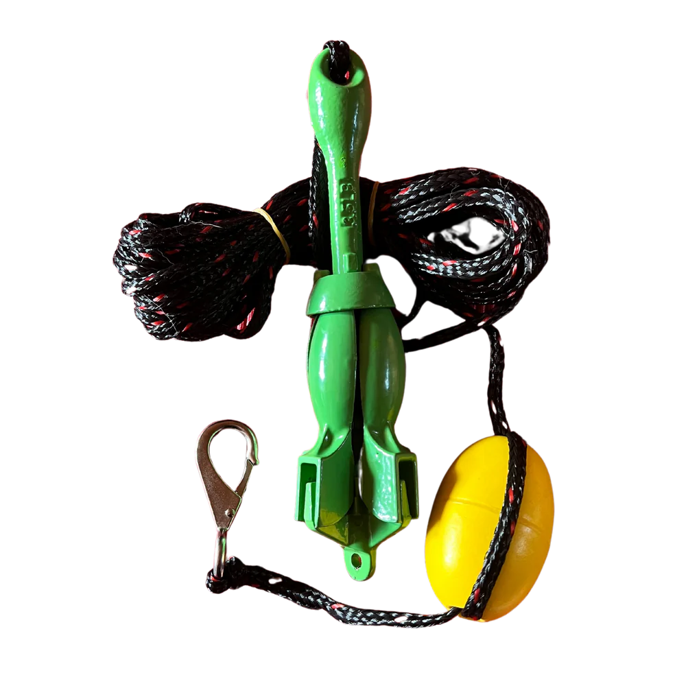 The SOL Paddle Boards green fishing float line holder has a black cord, metal clip, and yellow buoy. Ideal for securing gear to your fishing boards, it keeps everything anchored while paddling through serene waters.