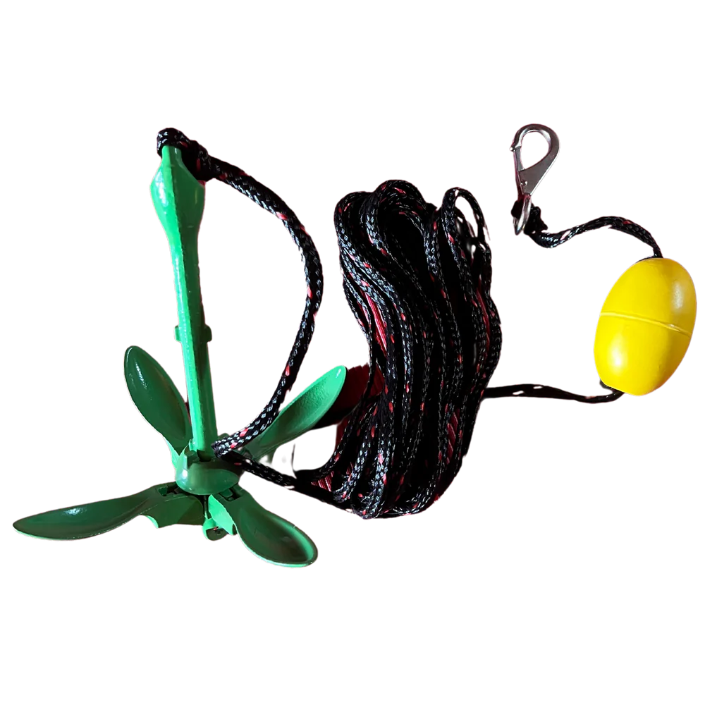 The SOL Paddle Boards Folding Anchor with Bag features a green plastic anchor, black and red rope, and yellow buoy, providing stability for yoga or fishing on your paddle board.