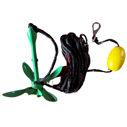 The SOL Paddle Boards Folding Anchor with Bag features a green plastic anchor, black and red rope, and yellow buoy, providing stability for yoga or fishing on your paddle board.