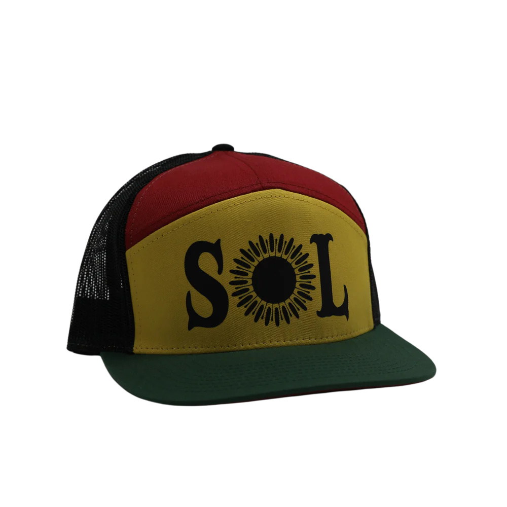 The SOL Logo 7 Panel Rasta Hat by SOL Paddle Boards features a red, yellow, and green design with "SOL" printed on the front in black and a sun graphic for the "O." The back half has black mesh for breathability. This adjustable hat is ideal for your next SUP adventure.