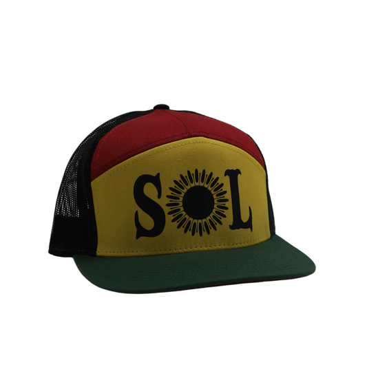 The SOL Logo 7 Panel Rasta Hat by SOL Paddle Boards features a red, yellow, and green design with "SOL" printed on the front in black and a sun graphic for the "O." The back half has black mesh for breathability. This adjustable hat is ideal for your next SUP adventure.