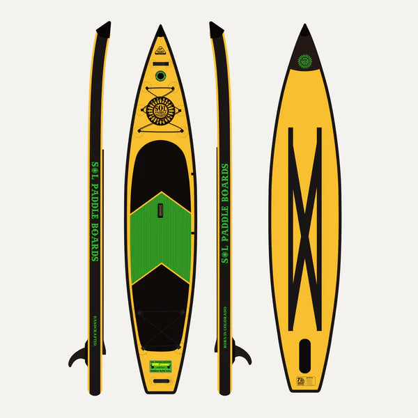 The SOLsonic Carbon GalaXy paddle board in yellow and black is displayed with top, side, and bottom views, showcasing green "SOL Paddle Boards" branding text and a circular emblem on top.