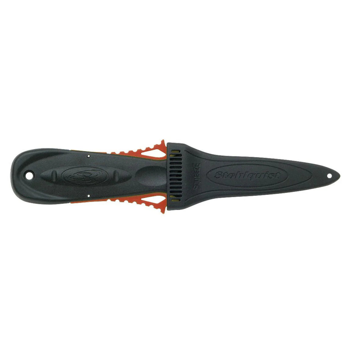 The Stohlquist Squeeze Lock Knife is a black and orange diving knife with a protective sheath covering its blade.