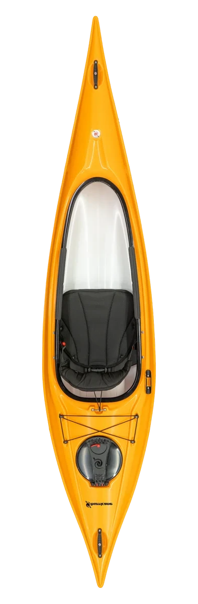 Top view of a Santee 116 by Hurricane Kayaks, a lightweight recreational kayak in yellow with a black seat and front storage compartment.