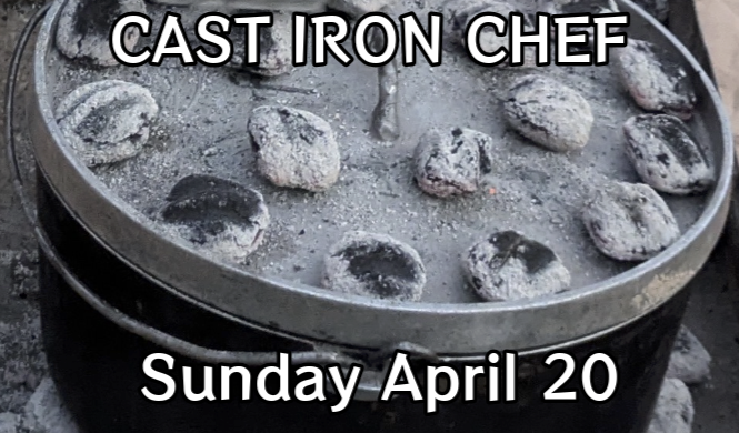 A 4CRS Cast Iron Chef Tasting Ticket features a cast iron pot covered in charcoal briquettes, promoting the "CAST IRON CHEF Competition Sunday April 20." Enjoy live music and exciting food tasting!.