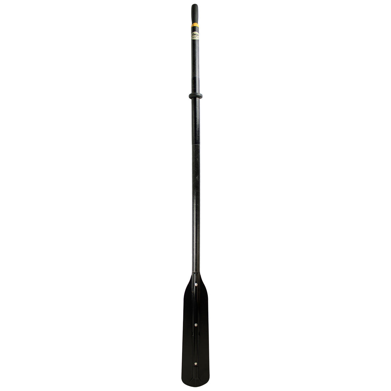 A black Sawyer Spare Tire 2pc Break-Down Oar Shaft leaning against a white background.