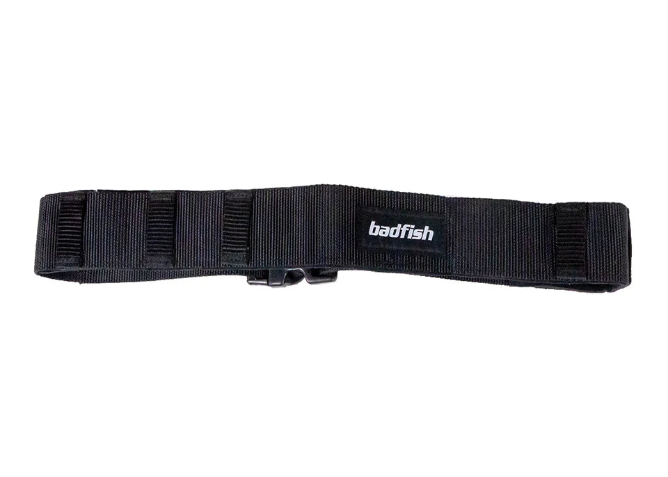 Black Surf Belt with a buckle, webbing loops, and a "Badfish" logo on it. The Surf Belt also features a neoprene interior for added comfort.