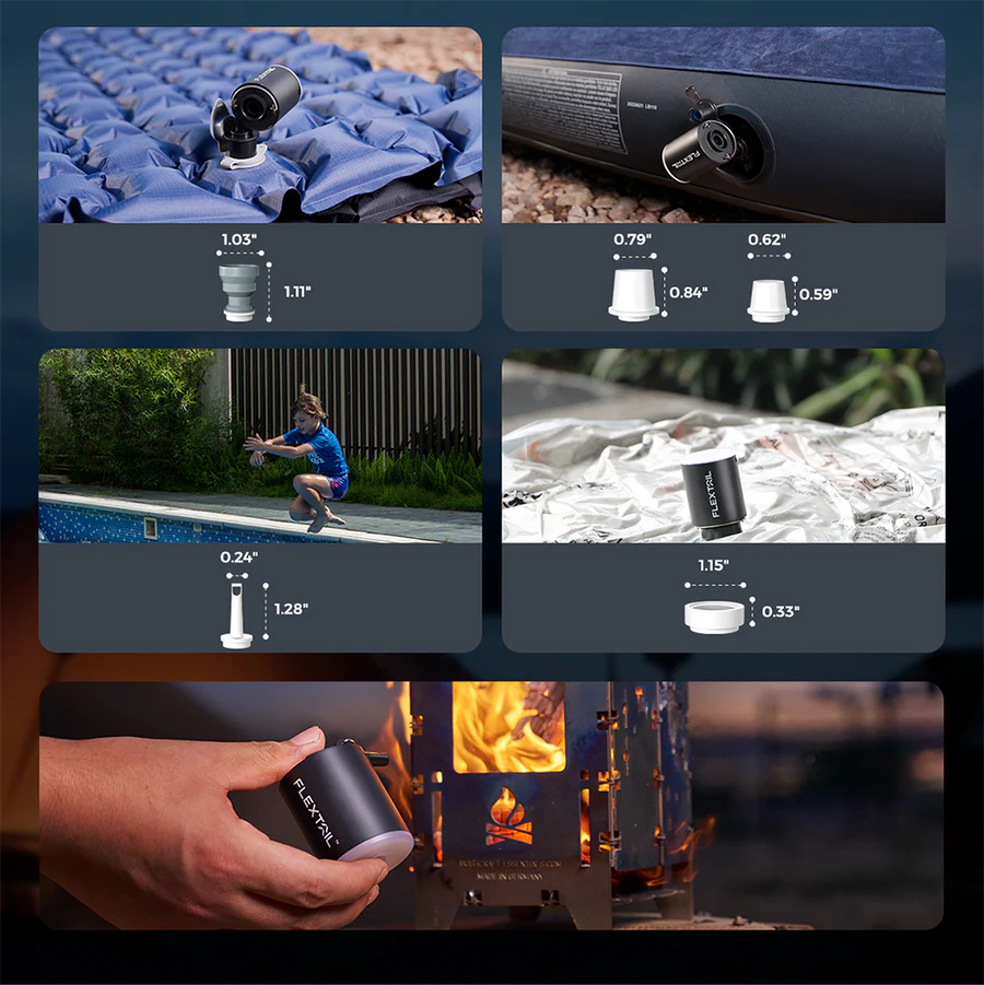 A compact, metallic Flextail Tiny Pump X is depicted in various scenarios, including inflating a camping pad, pool float, and air mattress with its travel air pump functionality, igniting a fire, and hovering a ball using AIR VORTECH technology. Measurements for different nozzles are displayed.