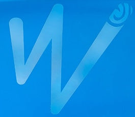 A stylized letter 'W', reminiscent of a cigarette, floats on a blue background, evoking the sleek dynamism of a down river freestyle adventure, embodying the spirit of Waka Kayaks' Skuxx Deluxe.