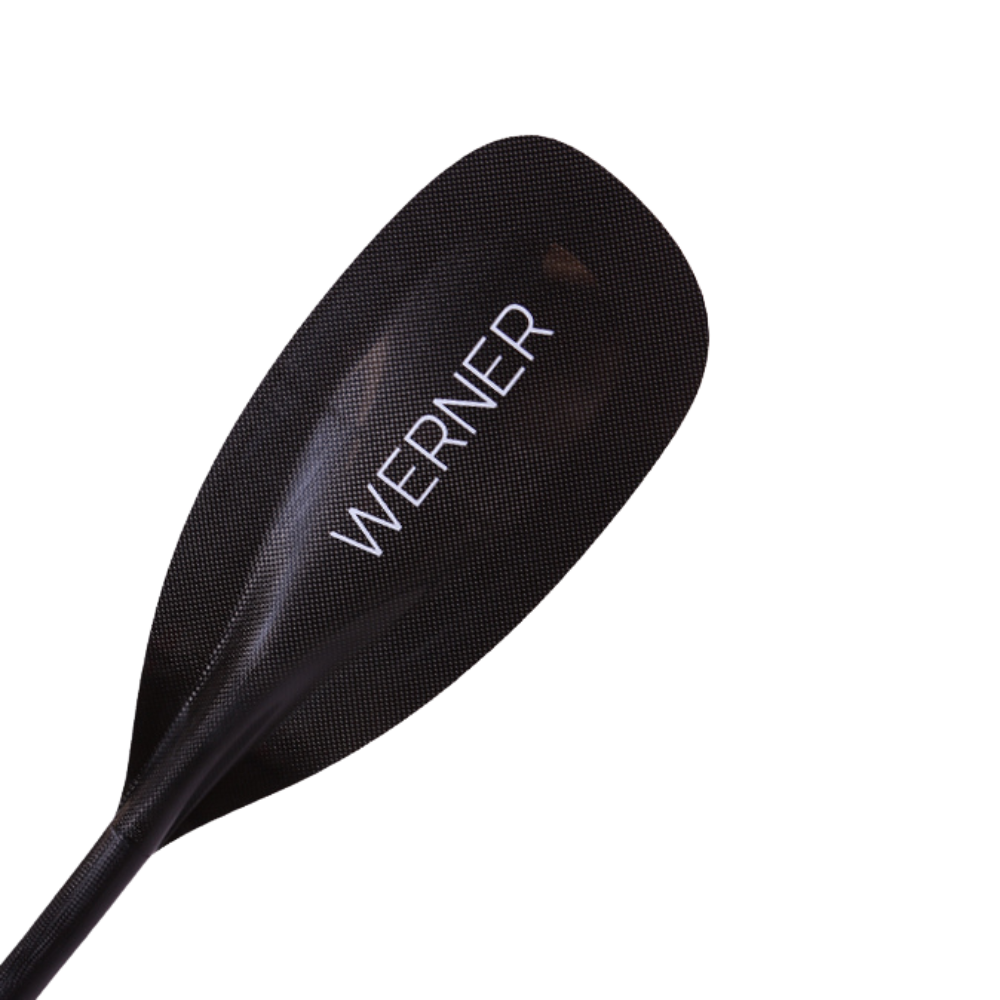 Black kayak paddle blade branded with "Werner Paddles" Stealth in white, ideal for advanced racing enthusiasts.