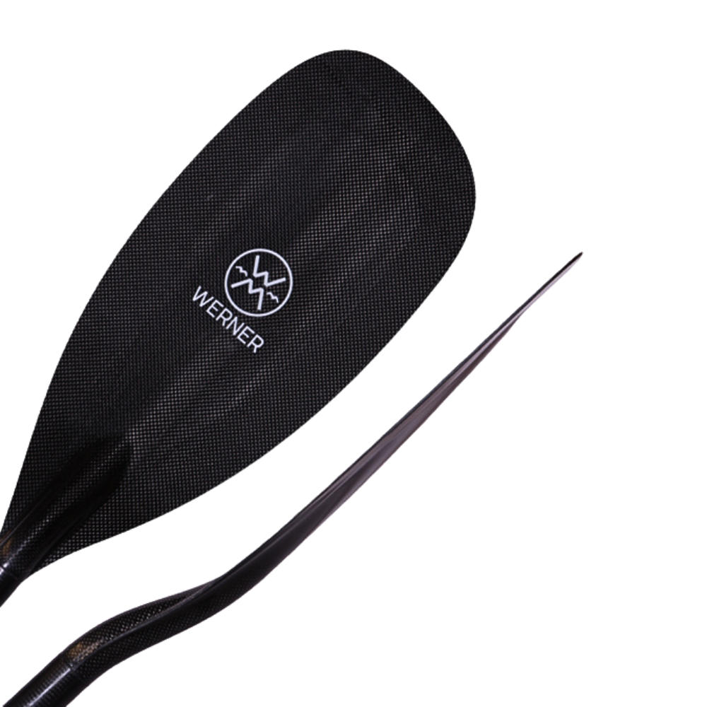 Close-up of a Werner Paddles Stealth kayak paddle blade, showcasing a sleek black design and logo. This high-performance paddle features an advanced carbon fiber appearance perfect for racing enthusiasts.