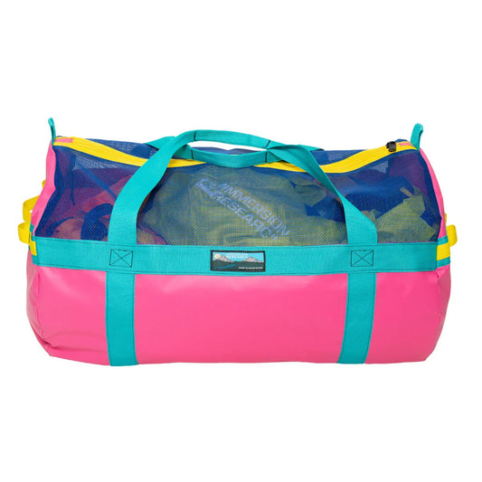 The World Class Gear Bag by Immersion Research is a durable pink and blue duffel with yellow accents, equipped with mesh compartments for ventilation and two sturdy handles.