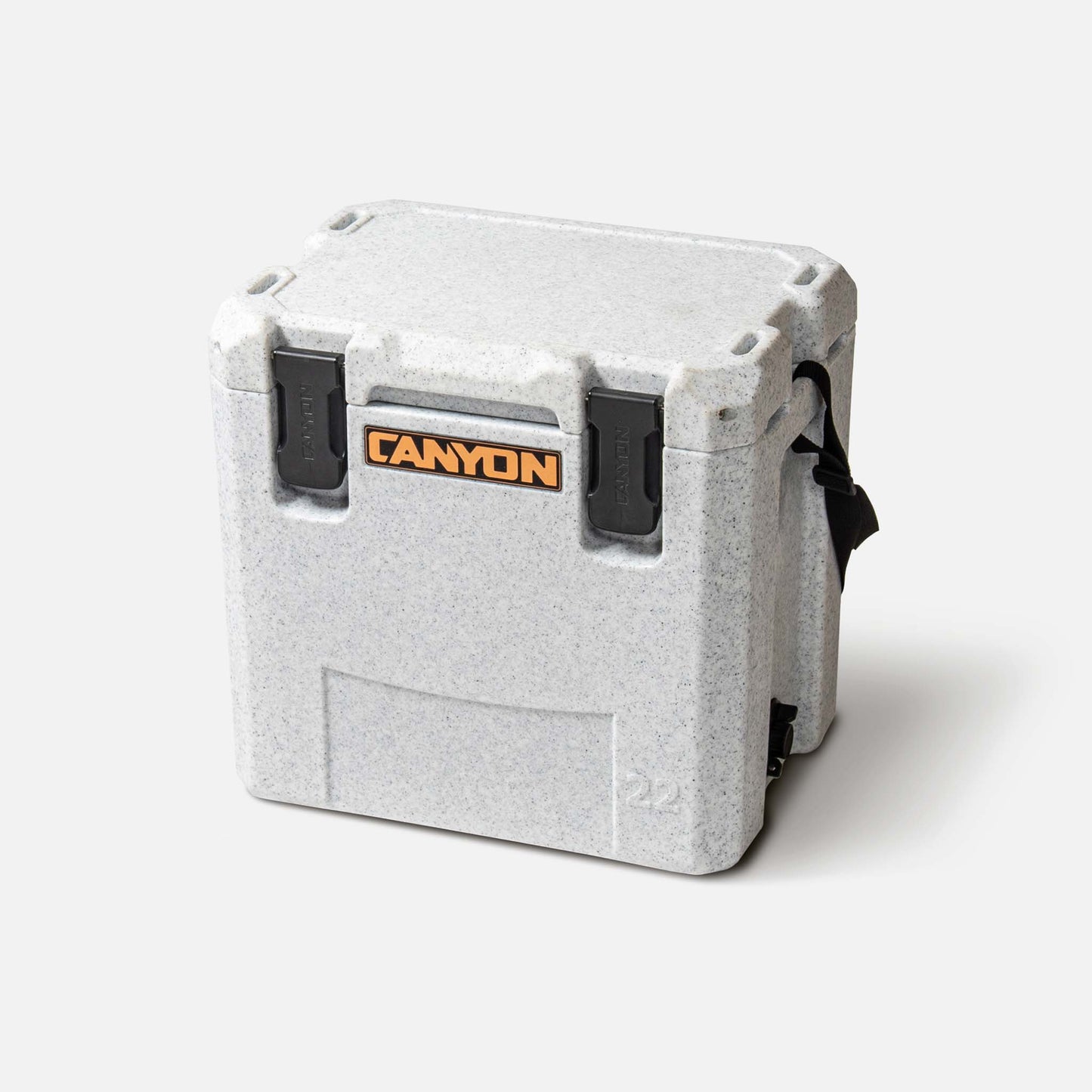 The Canyon Coolers Outfitter 22 V2 Cooler has rotomolded construction, a gray body, black latches, and a strap, set against a white background.