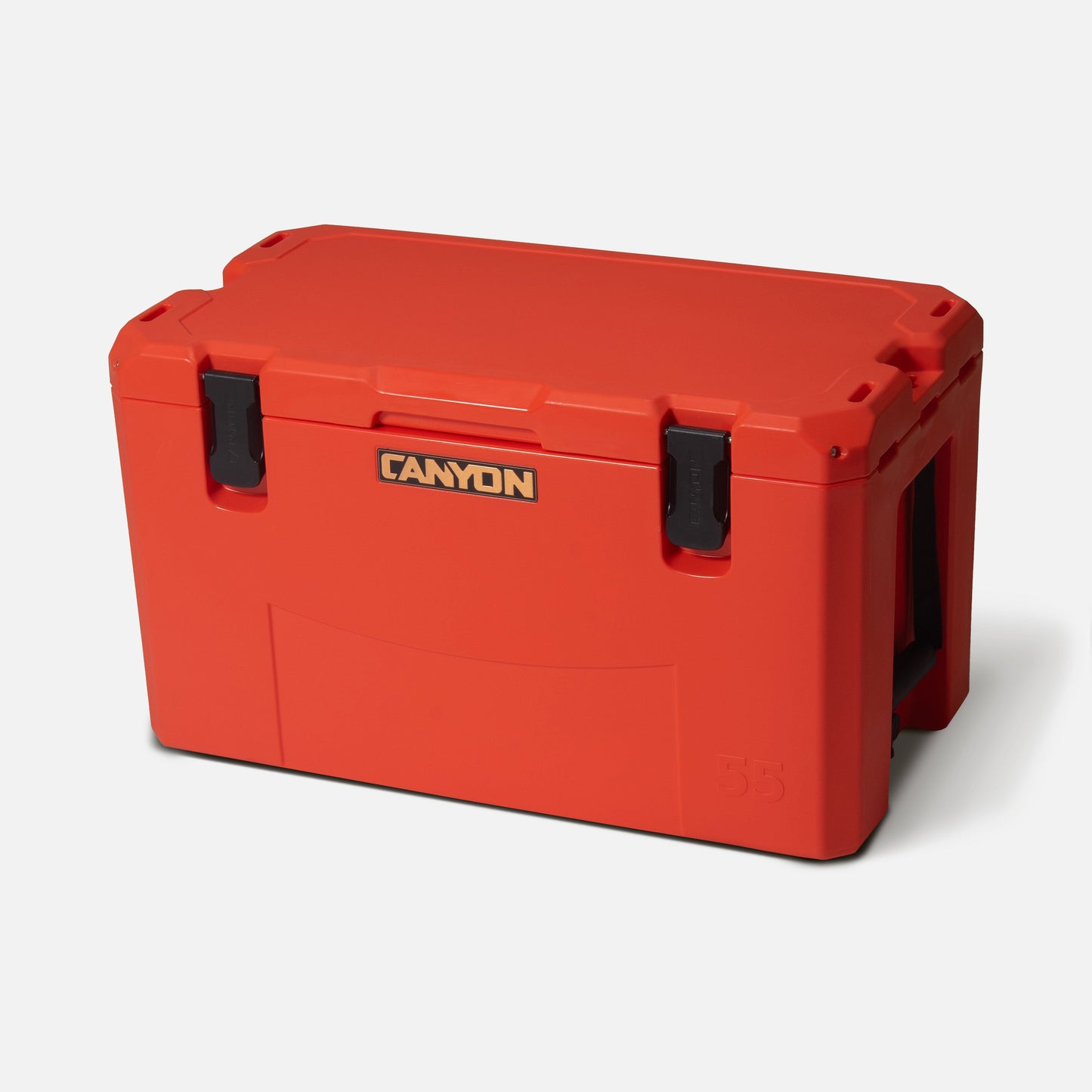 The Canyon Coolers Outfitter V2 Series, a 55-quart red cooler made from sun-resistant polymer, features black handles and latches alongside a dual-action drain, set against a plain white background.