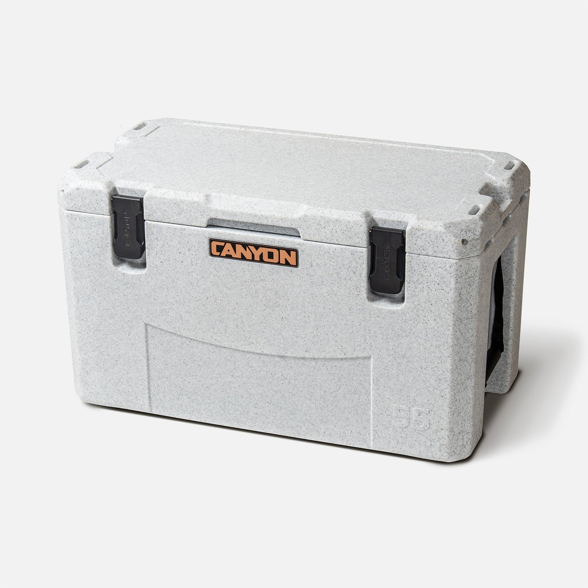 The Canyon Coolers Outfitter V2 Series Cooler in gray features a textured finish, sturdy lid, dual-action drain, two black latches, and side handle. It's crafted from premium sun-resistant polymer for durability on any adventure.