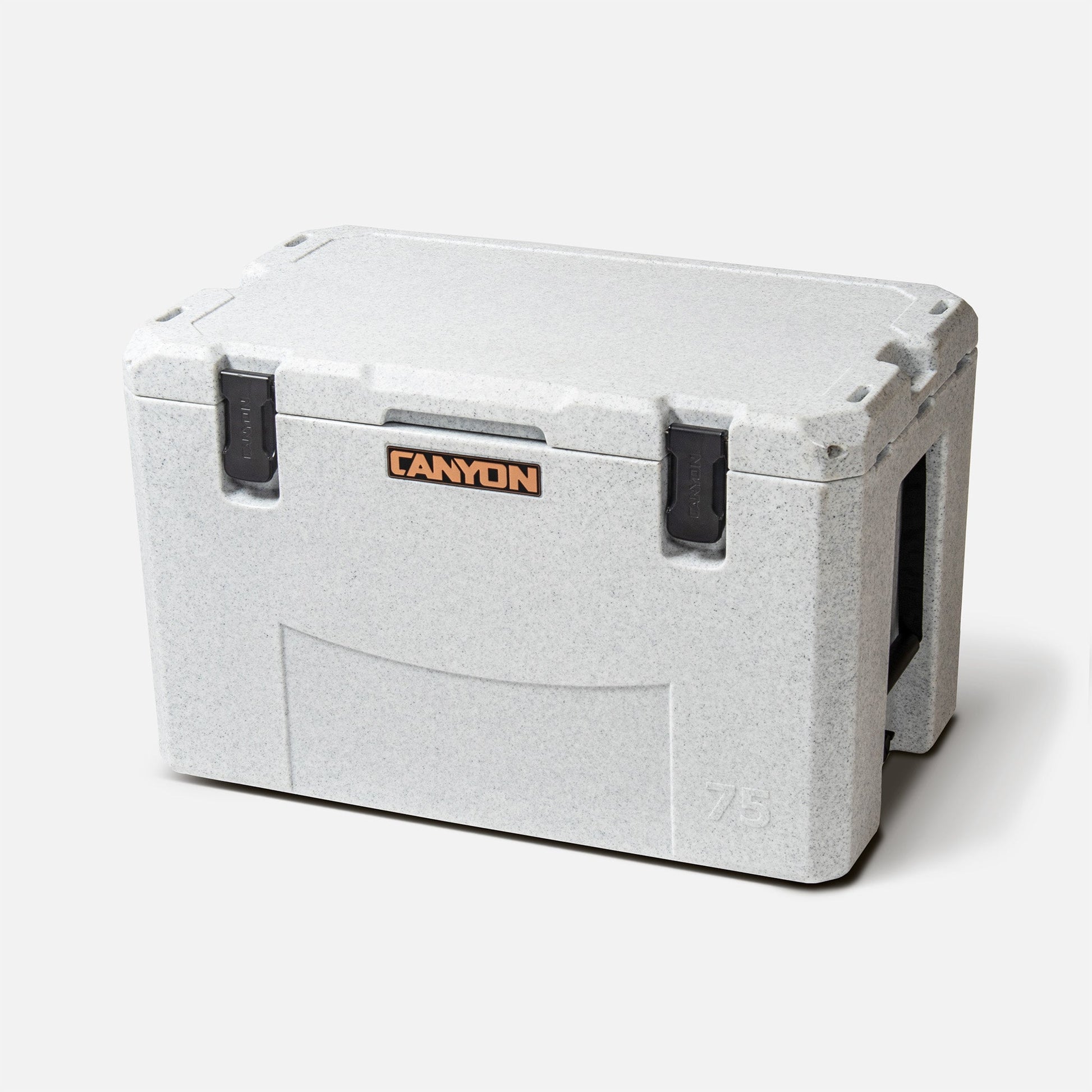 The Outfitter V2 Series Coolers from Canyon Coolers have a rectangular gray design, black latches, and the "Canyon" logo on the front. Made of premium sun-resistant polymer, they feature a dual-action drain for convenience.