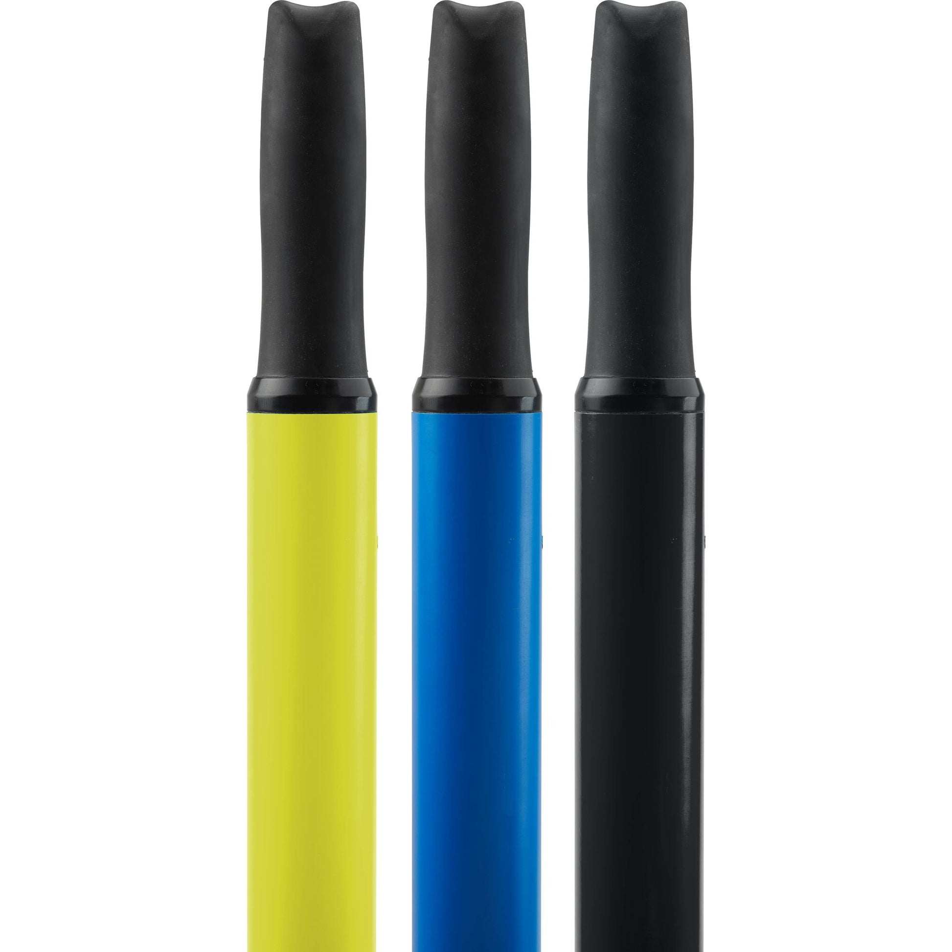 Three Advantage Oar Shafts by NRS have ergonomic handles for a comfortable grip, featuring black caps with yellow, blue, and black barrels.