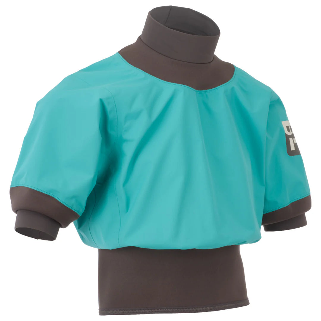 A short-sleeved turquoise Nano Short Sleeve Paddle Jacket by Immersion Research with black cuffs and collar, featuring neoprene gaskets ideal for warm weather paddling.