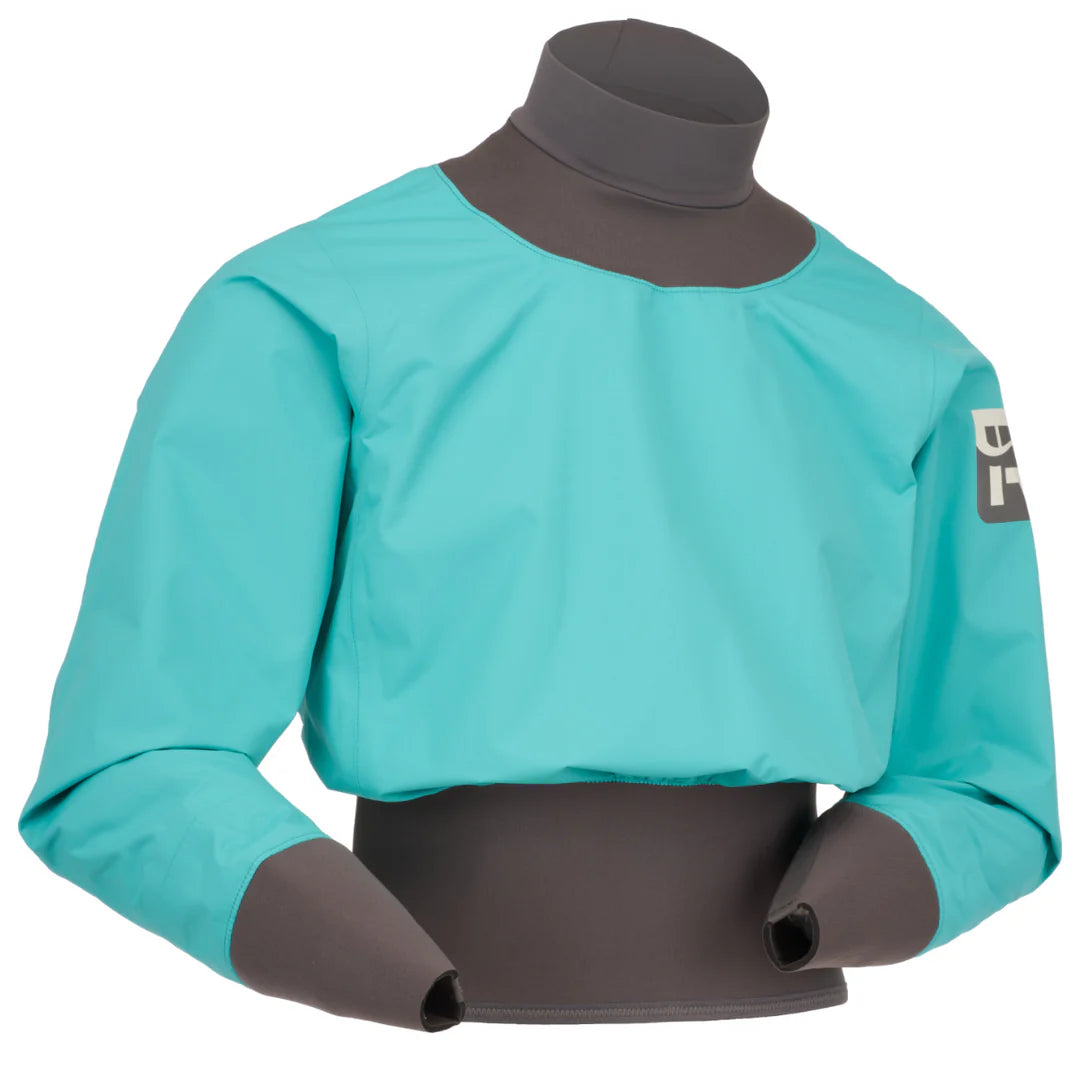 The Nano Long Sleeve Paddle Jacket by Immersion Research is a lightweight paddling jacket in turquoise, featuring a breathable shell with gray waist seals and a neoprene neck, designed for water sports.