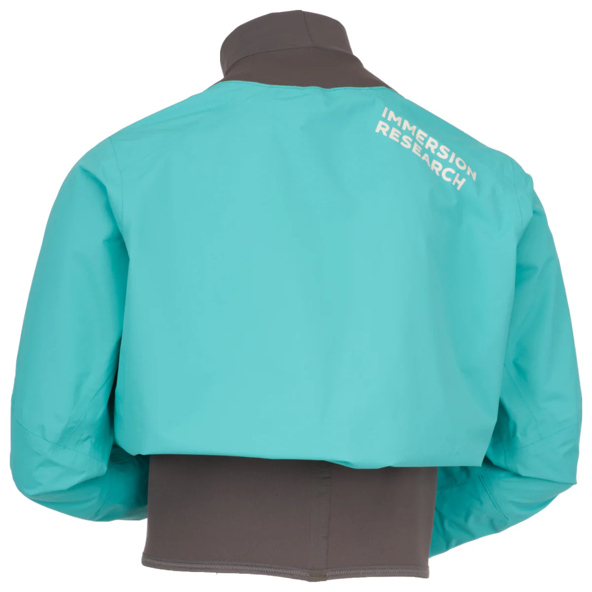 A turquoise and gray Nano Long Sleeve Paddle Jacket with "Immersion Research" printed on the back in white text, featuring a breathable shell and a lightweight paddling jacket design with a neoprene neck.