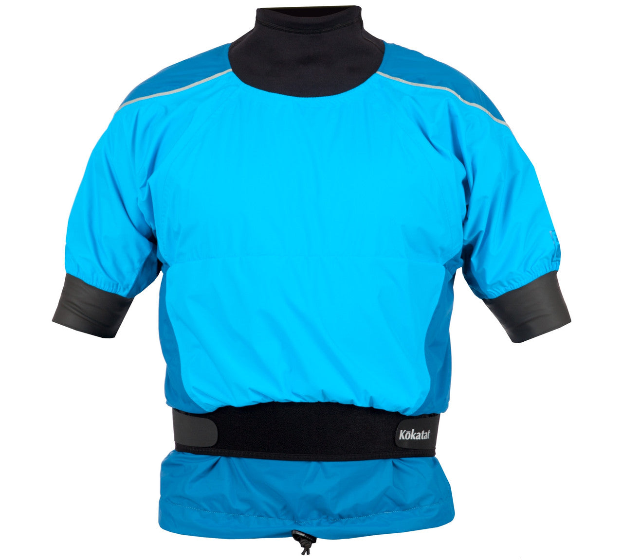 The Kokatat Blast Semi Dry Shorty is a blue outdoor sports jacket featuring short sleeves, black trim, and a neoprene waistband for a secure fit.