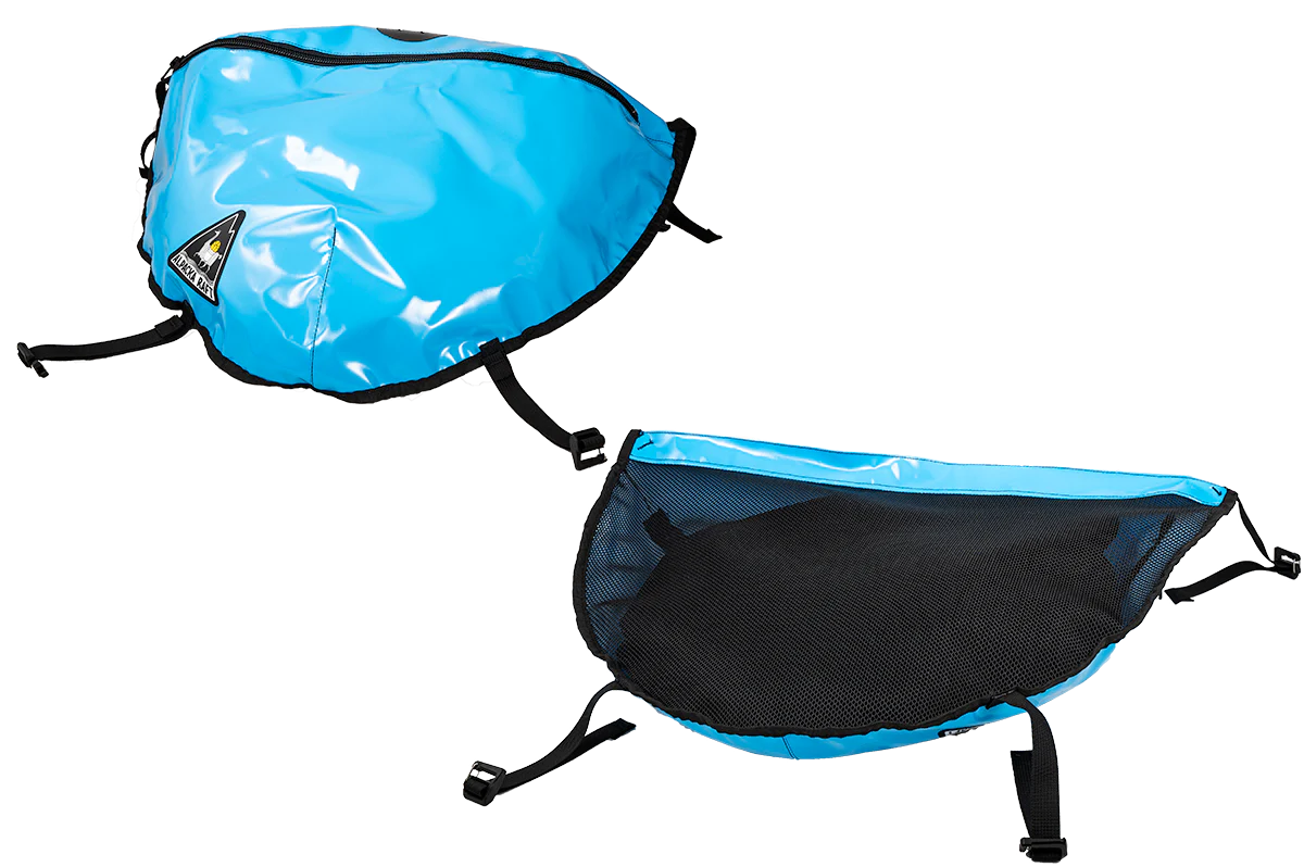 Two views of the Hybrid Bow Bag by Alpacka: one showing the durable exterior and the other displaying the ventilated mesh interior, perfect for keeping your gear dry even during wet storage conditions.