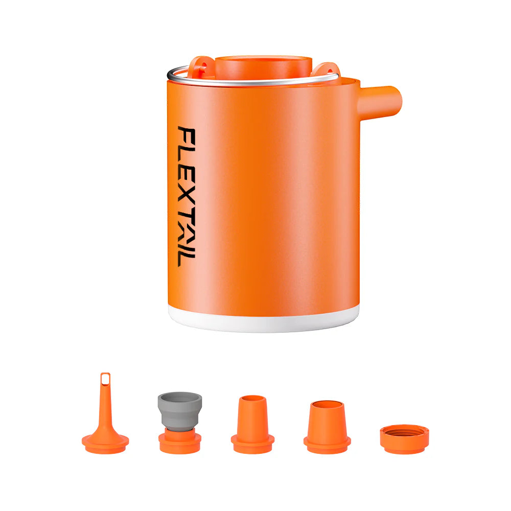 An orange Flextail Tiny Pump X, equipped with five interchangeable nozzle attachments displayed below it, showcasing its innovative AIR VORTECH technology.