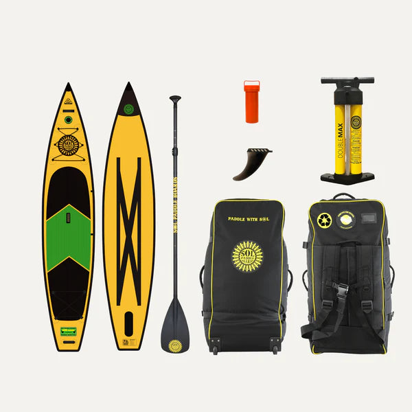 The SOLsonic Carbon GalaXy set by SOL Paddle Boards, featuring a vibrant yellow board, pump, fin, paddle, backpack, and repair kit, is elegantly arranged on a white background.