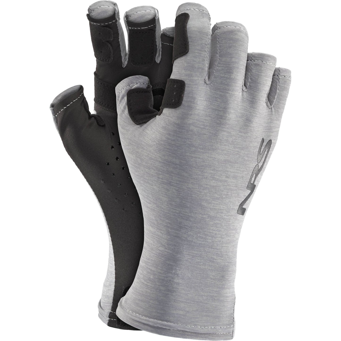 A pair of gray NRS Castaway Gloves with an open-finger design, black palm padding, and wrist detail offering ultra-light sun protection and UPF 50+ protection are displayed.