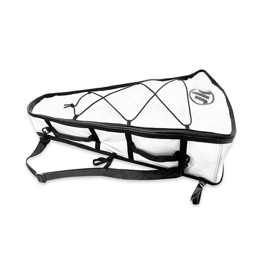 A white and black triangular backpack with a prominent logo on the side, featuring multiple storage compartments and adjustable straps, perfect for outdoor adventures with its Jackson Kayak Insulated Catch Cooler design. The UV-resistant material ensures long-lasting durability.