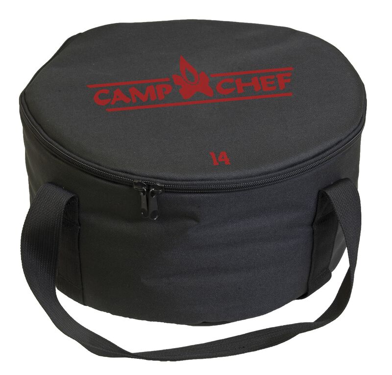 A black bag with the Camp Chef logo on it designed for transporting the Camp Chef Dutch Oven Carry Bag.