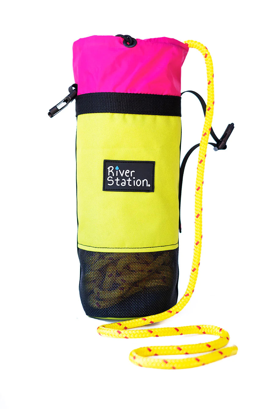 A colorful dry bag with a floating rescue rope attached, labeled "The B.O.A.T. - Classic Rescue Throw Bag - 70ft" by River Station Gear.