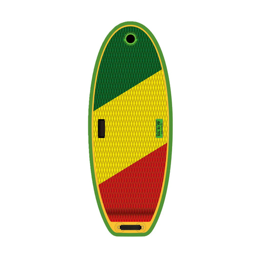 A vibrant skateboard deck with bold red, yellow, and green sections, combined with black grip tape, mirrors the design of the SOLra by SOL Paddle Boards. It encapsulates the energy and excitement of river surfing from above.