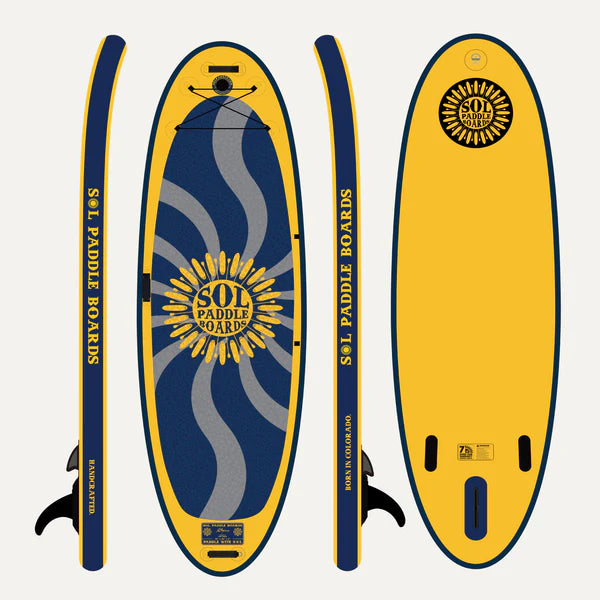 The SOLshiva, a yellow and blue inflatable paddle board featuring a sun design and the "SOL Paddle Boards" logo, is perfect for yoga SUP adventures. Ideal for enthusiasts with front, side, and back views displayed.