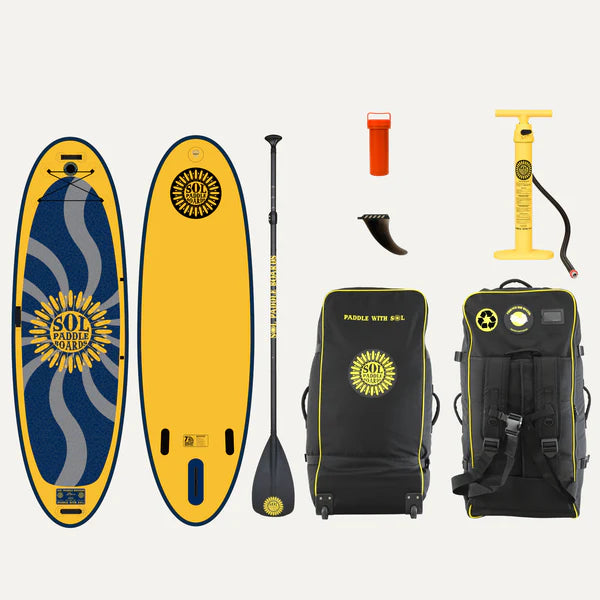 The SOLshiva by SOL Paddle Boards is a vibrant yellow and blue inflatable stand-up paddle board set. It includes a stable SUP, paddle, pump, fin, safety whistle, and convenient carrying bag—ideal for yoga enthusiasts looking for balance on the water.