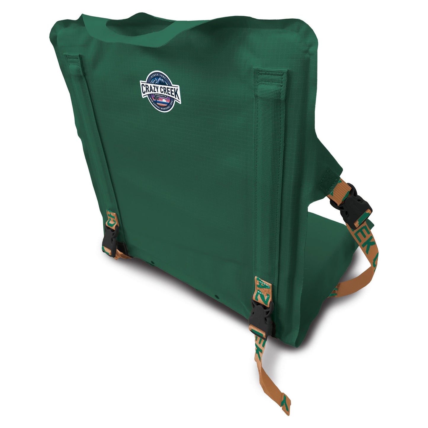 The Crazy Creek Canoe Chair IV, by Crazy Creek, is a green portable foldable camping chair featuring a logo, adjustable straps, and buckles for outdoor seating. This versatile chair is perfect for adventures both on water and land.