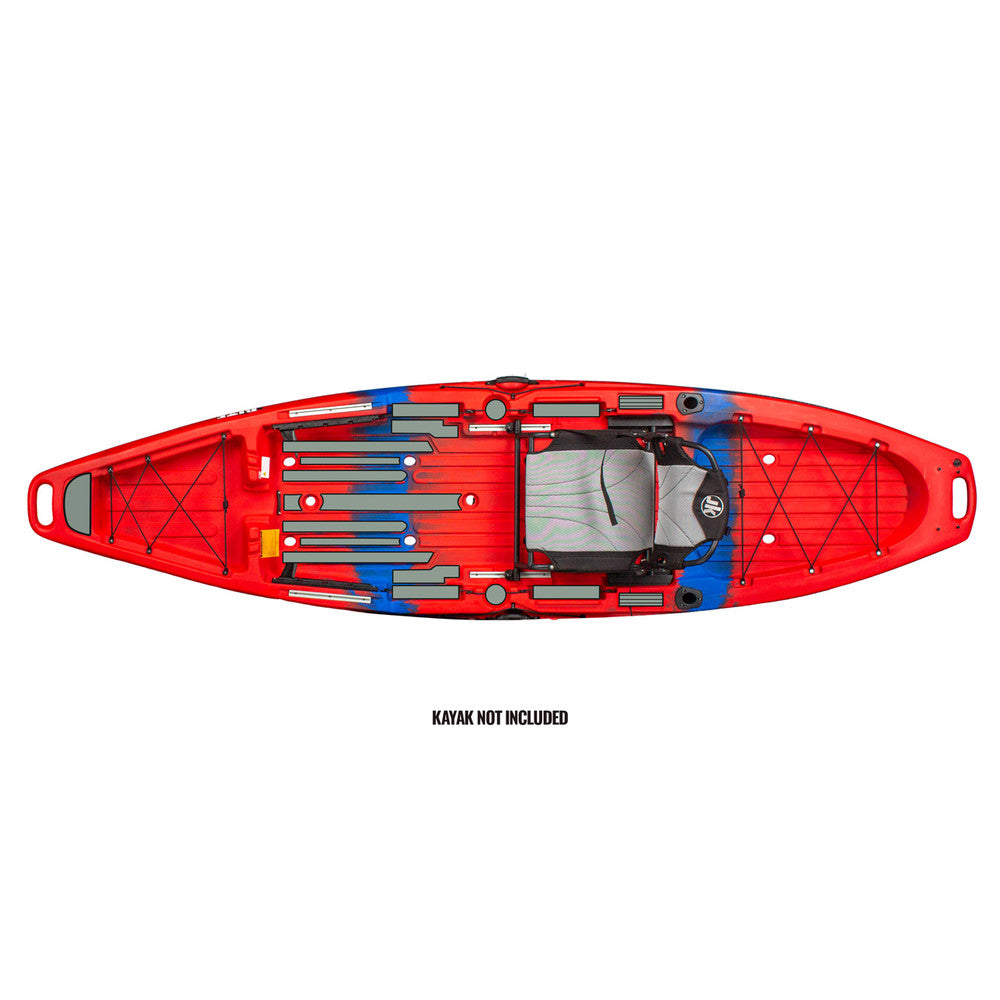 Top view of a red kayak deck featuring the Bite Deck Pad Kit by Jackson Kayak, including multiple compartments and storage spaces, and a comfortable standing platform. Text underneath reads, "Kayak not included.