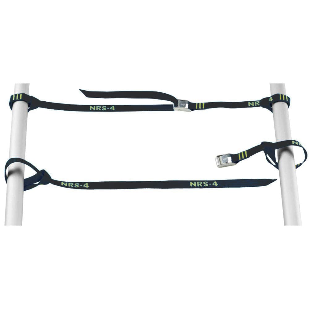 Two black NRS HD Loop Straps, with silver buckles and yellow accents, cinch securely around white poles to provide reliable load tie-downs using their UV-protective webbing.