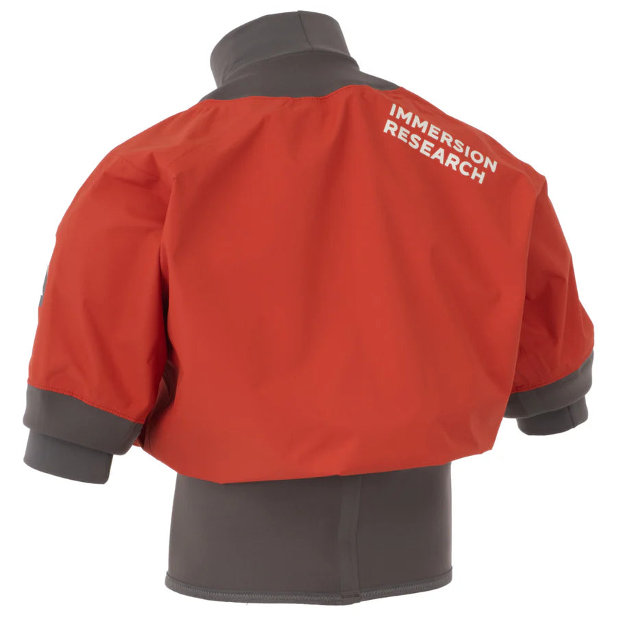 The Nano Short Sleeve Paddle Jacket, featuring neoprene gaskets, is a red and gray waterproof breathable shell with the words "Immersion Research" printed on the back.