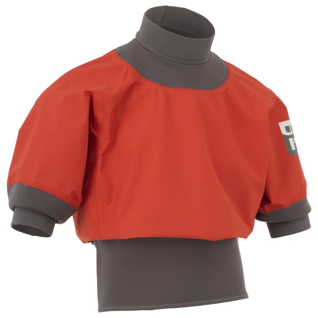 The Immersion Research Nano Short Sleeve Paddle Jacket is a red and gray short-sleeve paddle jacket featuring a high neck, neoprene gaskets, and a waistband. Its waterproof breathable shell ensures comfort and protection in any conditions.