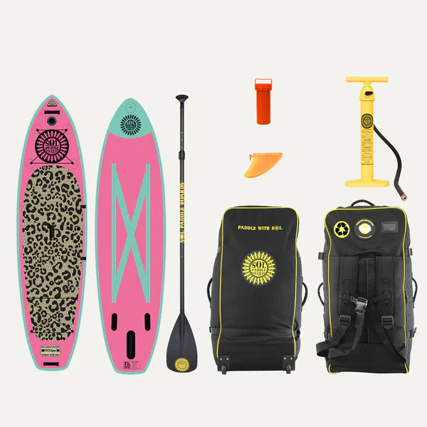 The SOLlynx Galaxy package by SOL Paddle Boards includes a pink and mint inflatable paddle board with accessories: paddle, pump, fin, repair kit, and a chic black carrying bag with yellow accents.