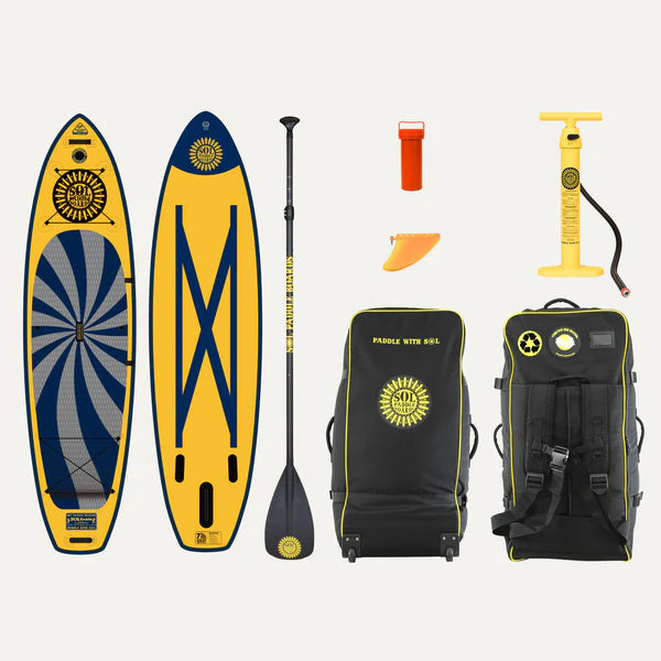 The SOLtrain inflatable SUP set by SOL Paddle Boards includes a yellow and blue paddleboard, paddle, air pump, fin, safety whistle, and backpack. Both the versatile paddleboard and backpack showcase a sun logo and text.