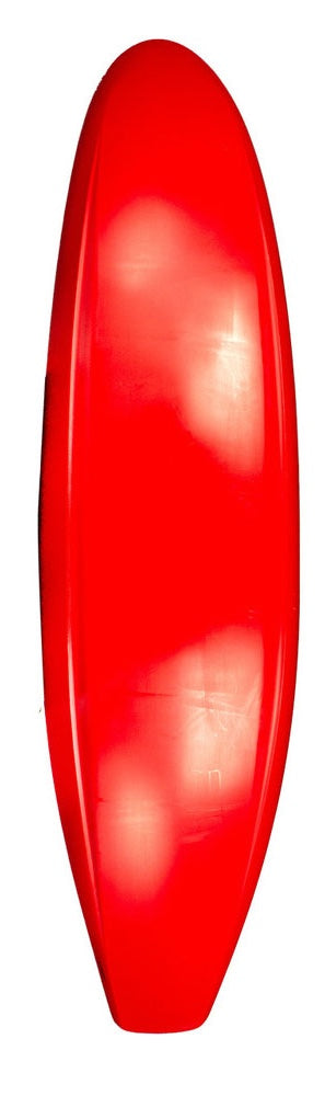 A bright red surfboard with a glossy finish, drawing inspiration from the bold designs of Jackson Kayak's Gnarvana.