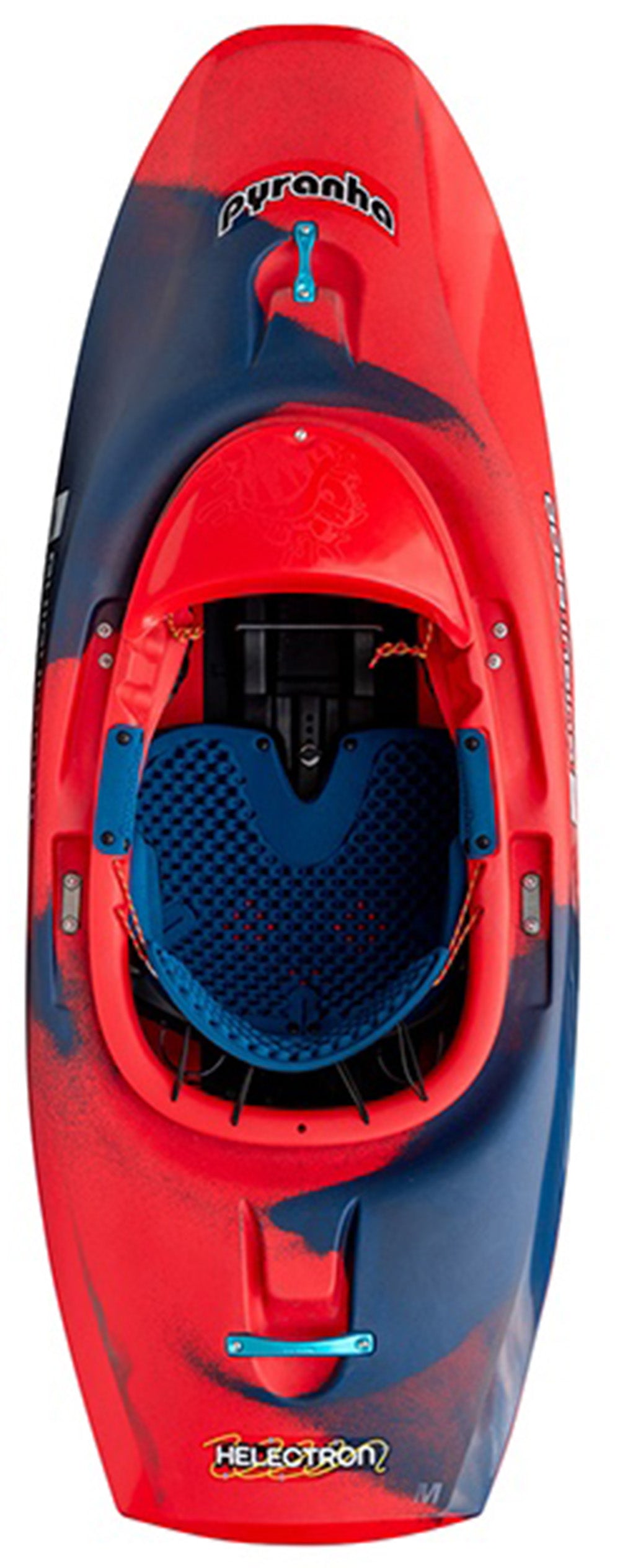 A striking red and blue Pyranha Helectron kayak with "Helixotron" on its surface, viewed from above—a captivating freestyle kayak design.