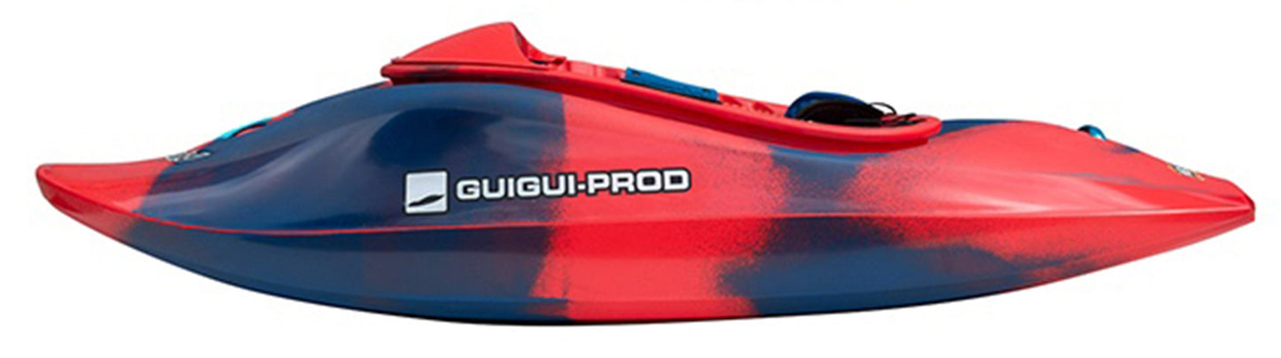 The Pyranha Helectron kayak, with vibrant red and blue colors, prominently displays the "GUGU-PRO" logo on its side, echoing a dynamic design style.