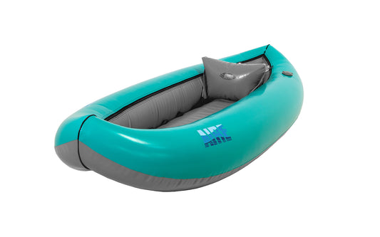 Viewed from an angle, the AIRE Hot Potato inflatable raft in teal and gray offers enhanced stability and includes a built-in seat cushion.