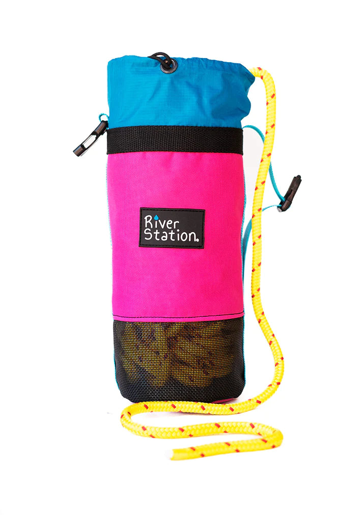 Colorful throw bag with a durable, floating rescue rope used for water rescue - The B.O.A.T. - Classic Rescue Throw Bag - 70ft by River Station Gear.