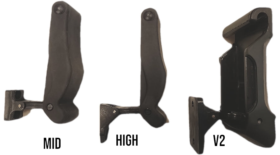 Three black adjustable brackets labeled MID, HIGH, and V2 are displayed against a white background, featuring the robust design of the Canyon Spare Latch by Canyon Coolers.