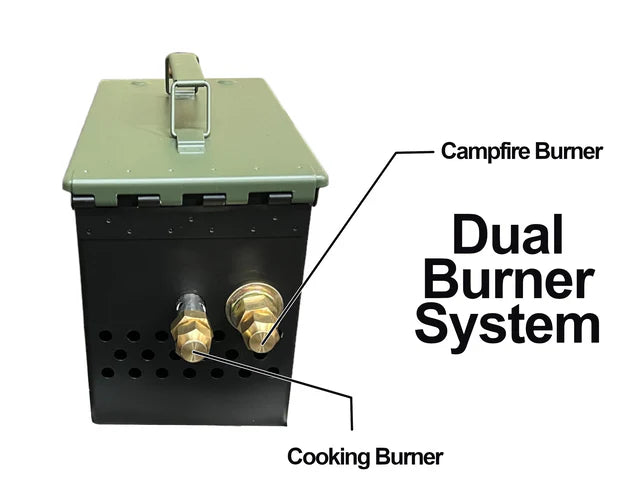 The LavaBox Original LavaBox Combo features a dual burner system with a green lid and two labeled brass knobs: "Campfire Burner" and "Cooking Burner." This portable firepit is ideal for adventures, efficiently merging a propane fire box with an ammo can design.